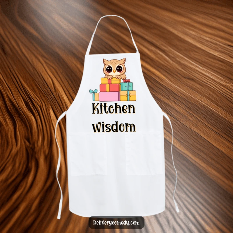 Funny curious owl apron, depicting a wise owl peeking from a stack of colorful parcels.