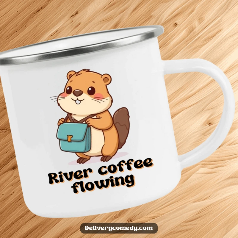 Funny beaver messenger bag camping mug, showing a diligent beaver with a messenger bag balancing a package.