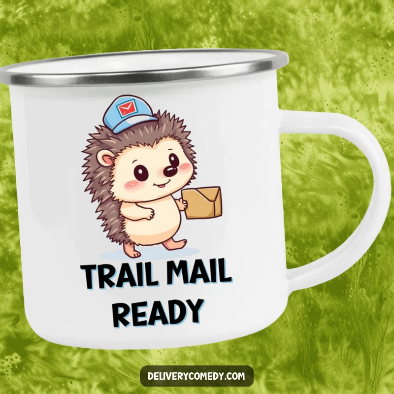 Funny hedgehog mail carrier camping mug, featuring a determined hedgehog in a mail hat ready to deliver.