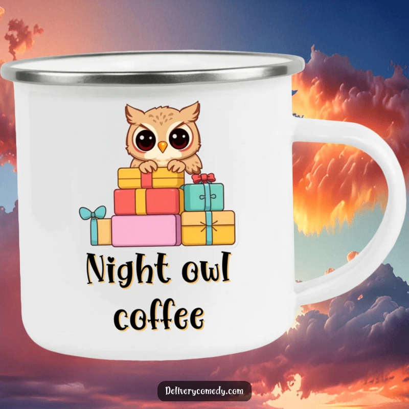 Funny curious owl camping mug, showing a wise owl peeking from a stack of colorful parcels.