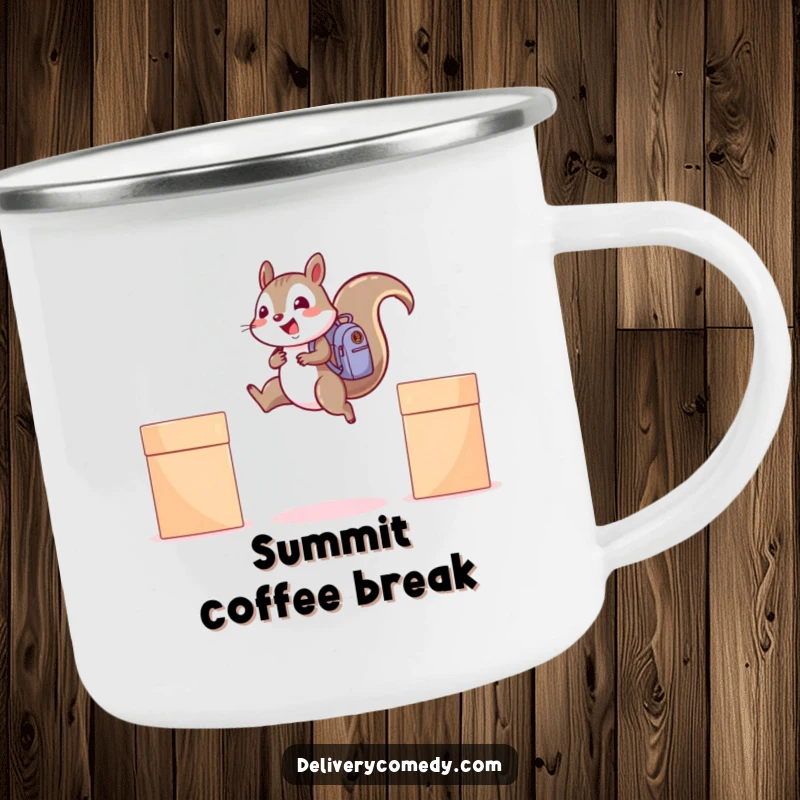 Funny squirrel backpack camping mug, showing a cheerful squirrel with a backpack leaping between camping gear.