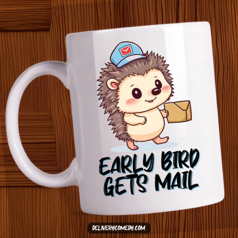 Funny hedgehog mail carrier mug, a determined little guy in a hat pushing a parcel with all his might.