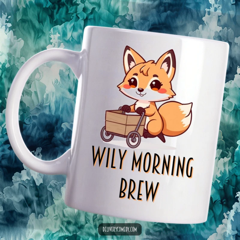 Funny fox cart puller mug, a playful fox with a determined face pulling a miniature cart with enthusiasm.
