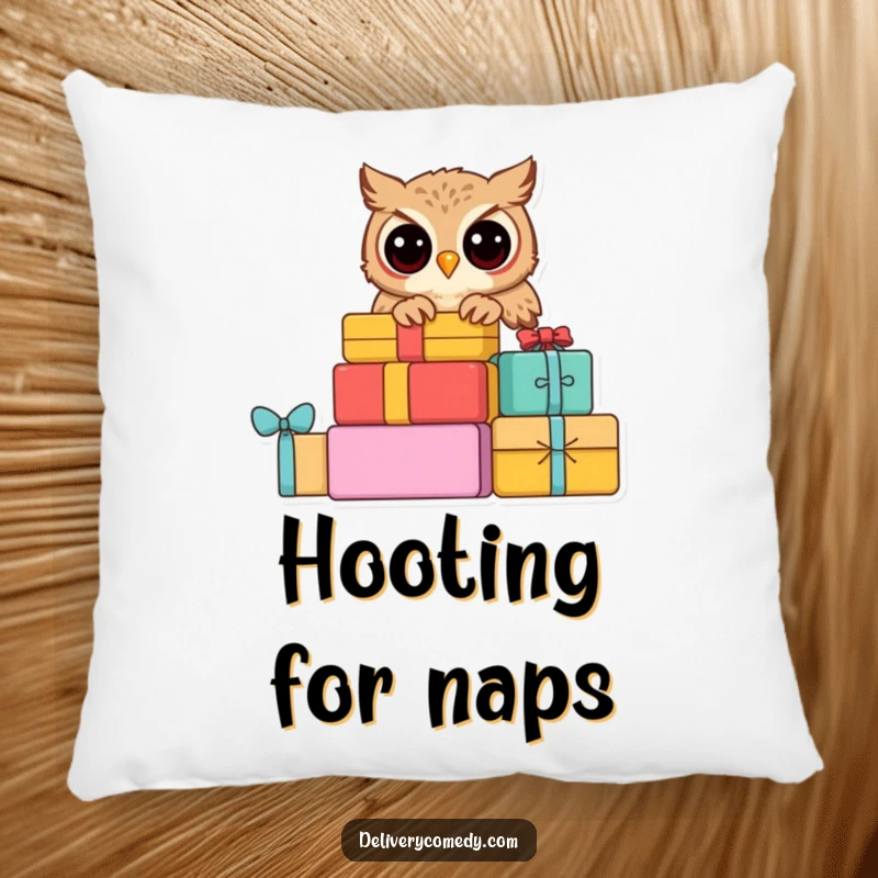 Funny curious owl pillow, featuring a wise owl peeking curiously from a stack of colorful parcels.