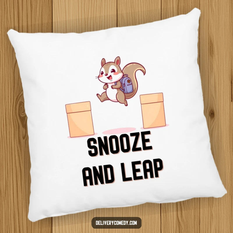 Funny squirrel backpack pillow, featuring a cheerful squirrel with a backpack leaping dynamically.