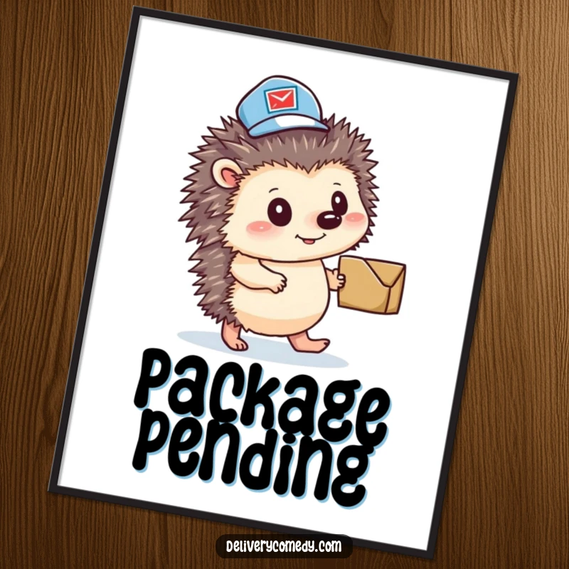 Funny hedgehog mail carrier digital art print, a charming and determined postal hedgehog with a parcel.