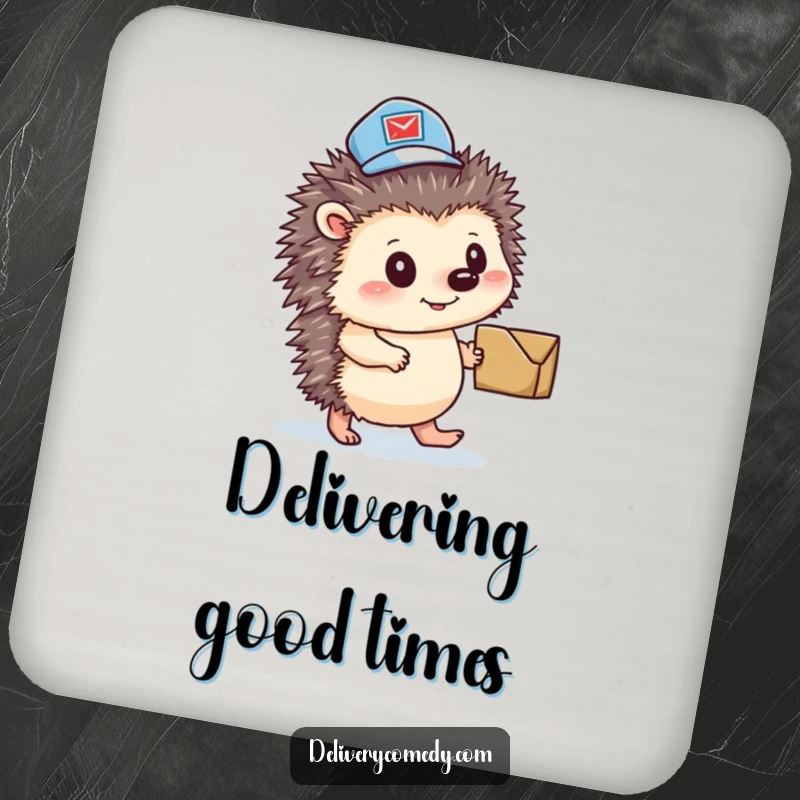 Funny hedgehog mail carrier drink coaster, a determined hedgehog in a mail hat pushing a parcel.