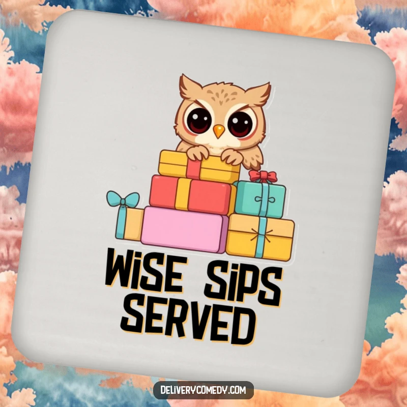 Funny curious owl drink coaster, a wise owl peeking from a stack of colorful parcels.