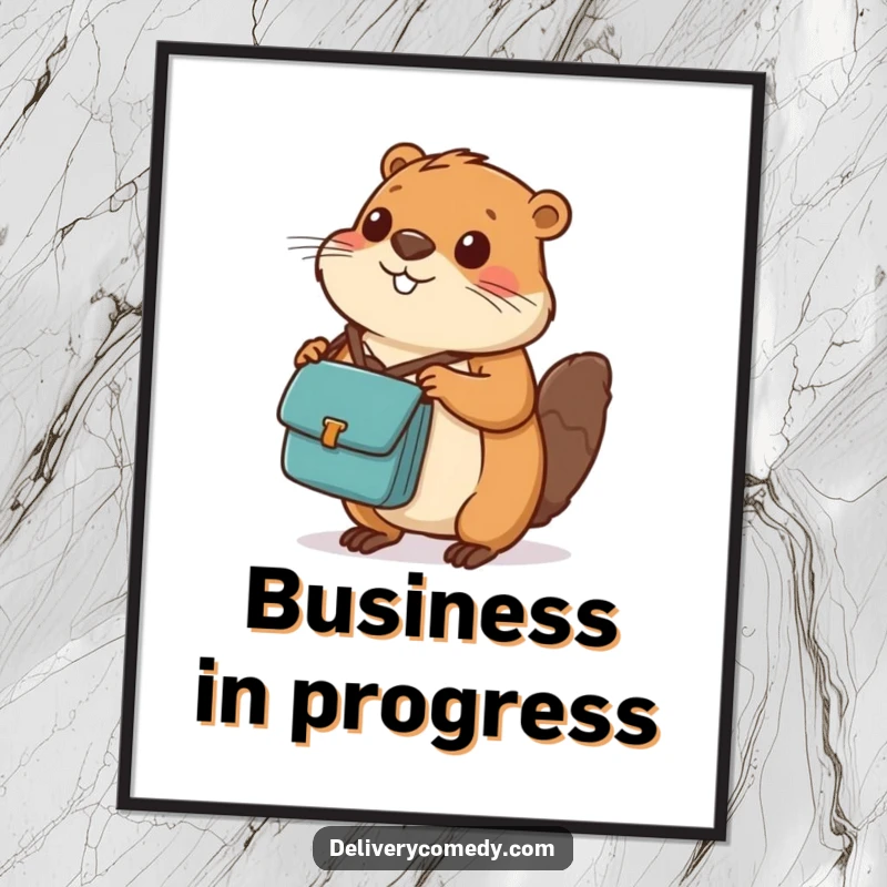 Funny beaver messenger bag poster, depicting a hardworking beaver with a messenger bag balancing a tiny package.