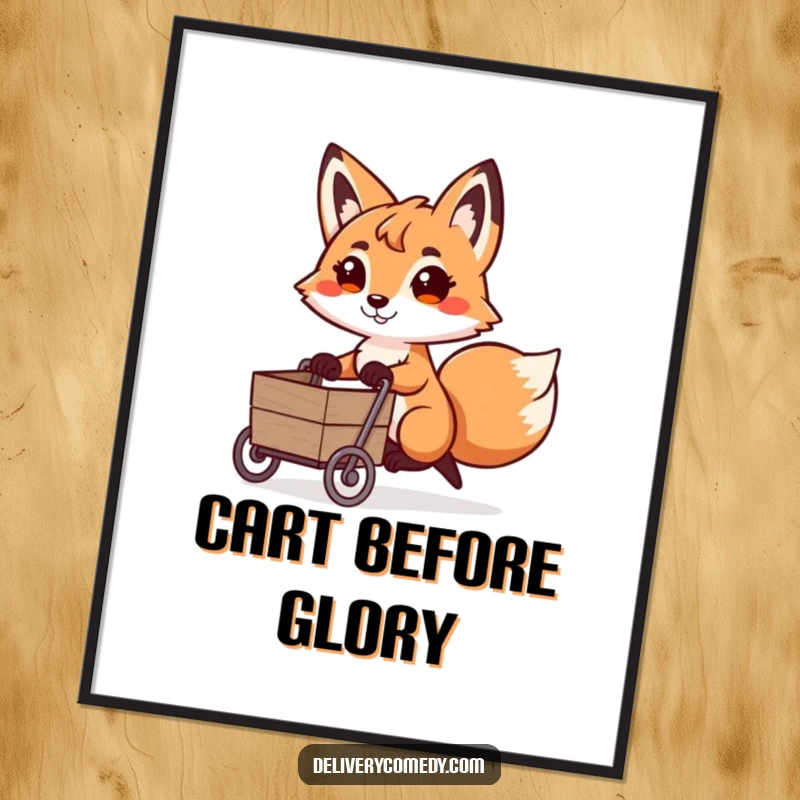 Funny fox cart puller poster, depicting a playful fox with a determined expression pulling a miniature cart.