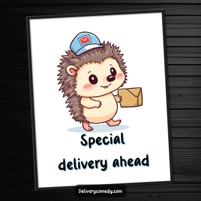 Funny hedgehog mail carrier poster, an adorable animal in a mail hat pushing a small parcel with focus.