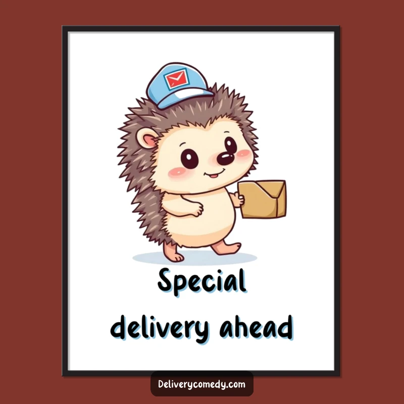Funny Hedgehog Mail Carrier Poster: Whimsical Wall Art for a Determined Spirit