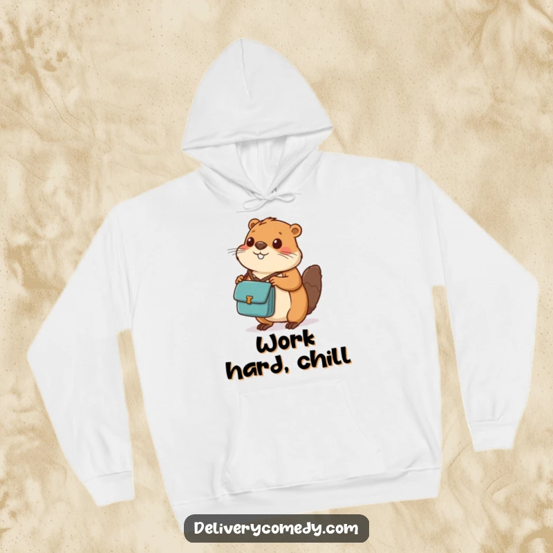 Funny beaver messenger bag hoodie, featuring a diligent beaver with a messenger bag holding a package steady.