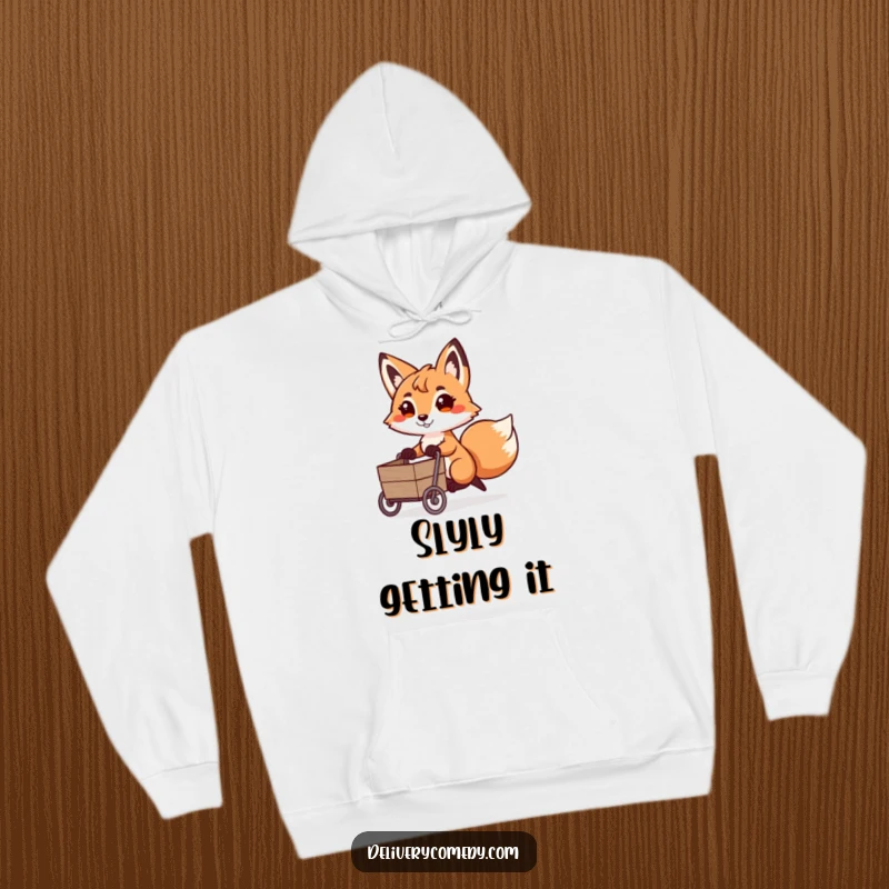 Funny fox cart puller hoodie, featuring a determined fox pulling a miniature cart with a playful demeanor.