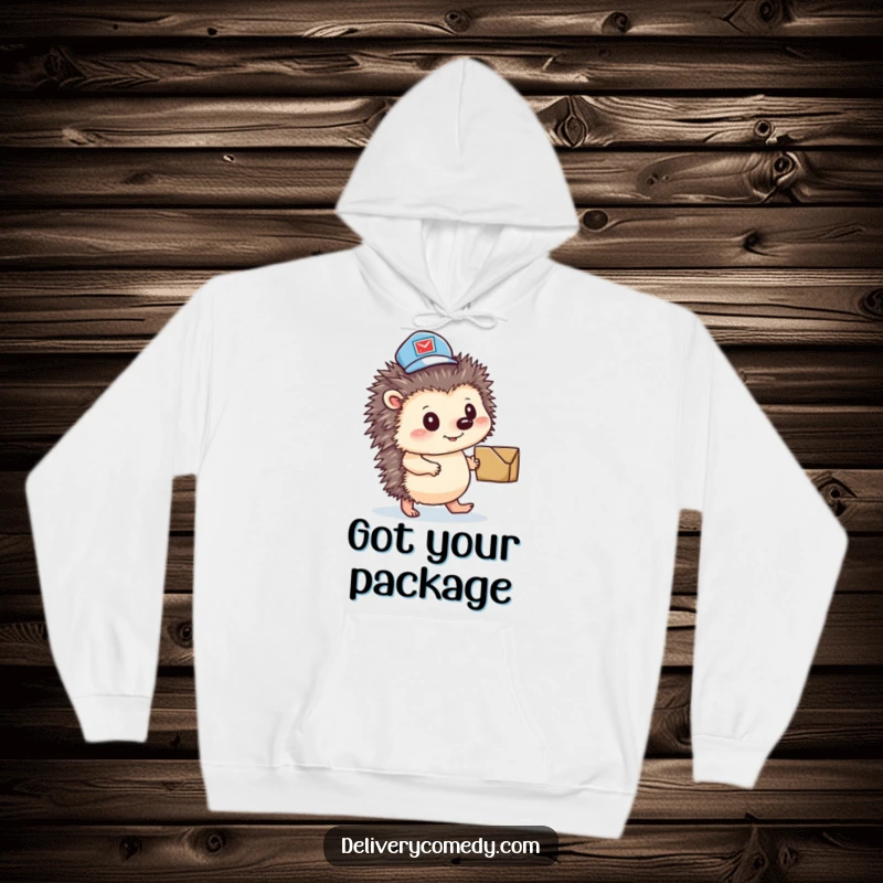 Funny hedgehog mail carrier hoodie, featuring a driven little critter in a mail hat delivering a parcel.