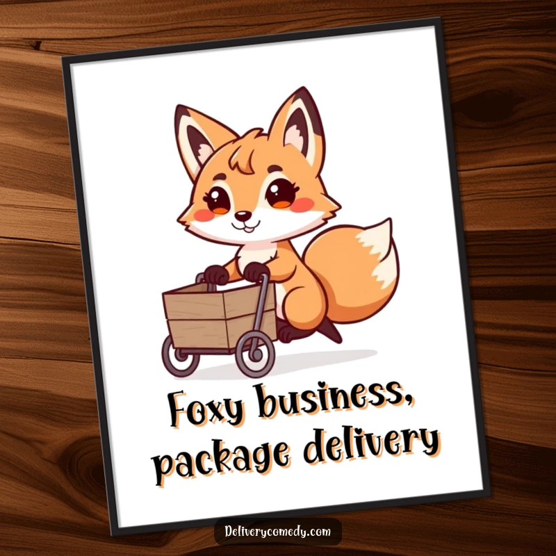 Funny free printable wall art: a playful fox with a determined expression pulling a miniature cart on an adventure.