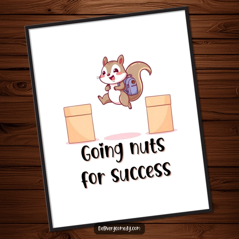 Funny free printable wall art: a cheerful squirrel with a mini backpack, leaping between two elevated boxes energetically.
