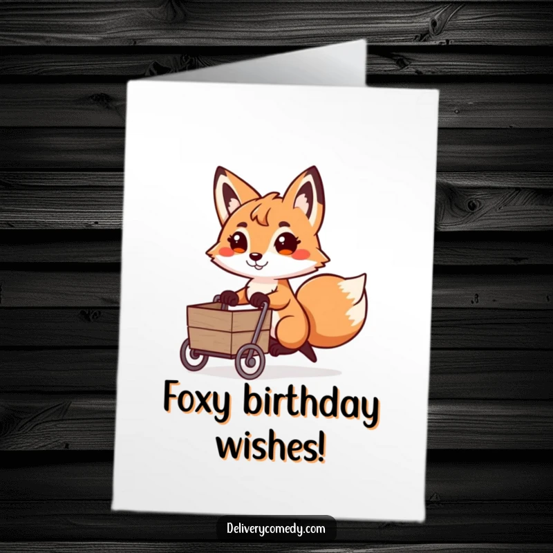 Funny free printable birthday card: a playful fox with a determined expression pulling a miniature cart full of gifts.
