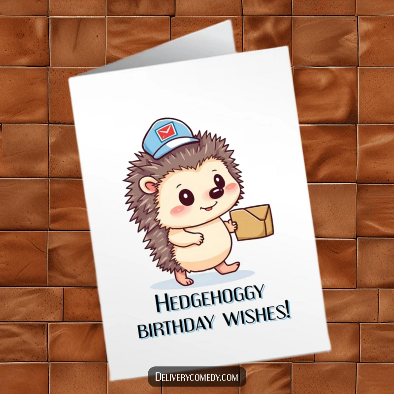 Funny free printable birthday card showcasing a determined hedgehog mail carrier in uniform, pushing a small parcel with joy.