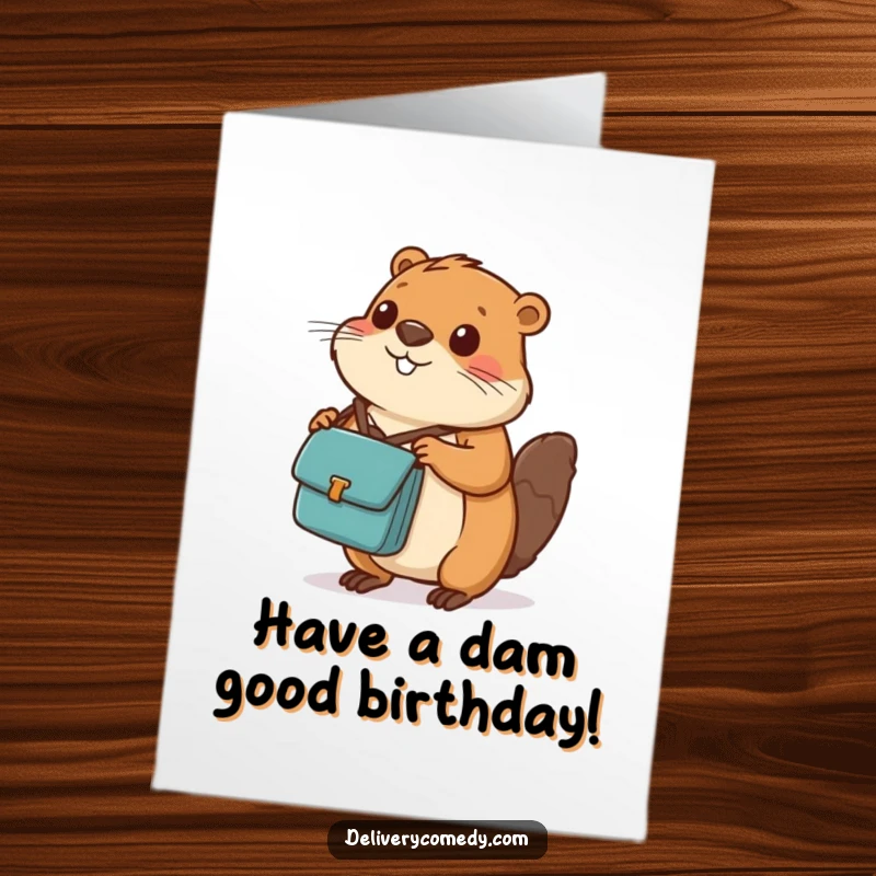 Funny free printable birthday card: a diligent beaver in a messenger bag, expertly balancing a tiny package with a smile.