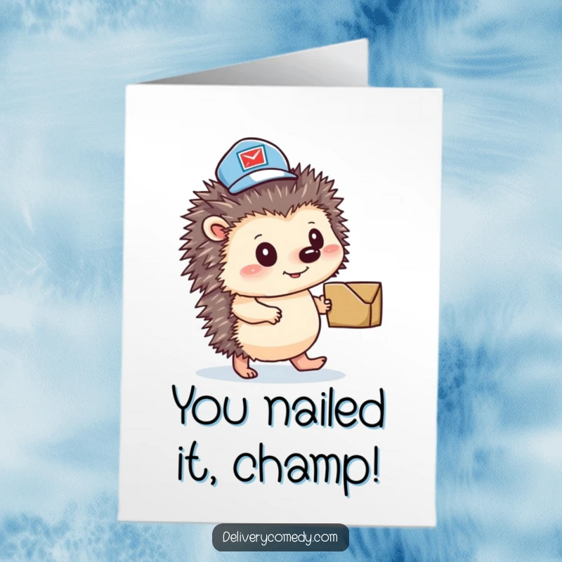 Funny free printable congratulations card: a determined hedgehog mail carrier in hat, pushing a small parcel to celebrate.
