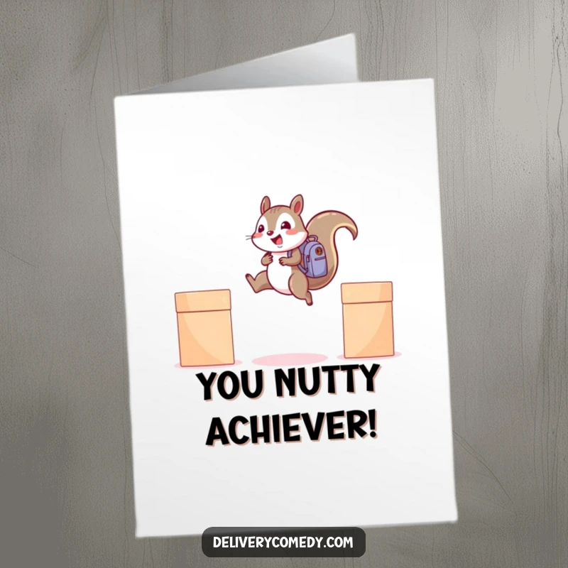 Funny free printable congratulations card: a cheerful squirrel in a mini backpack, leaping between boxes to celebrate success.