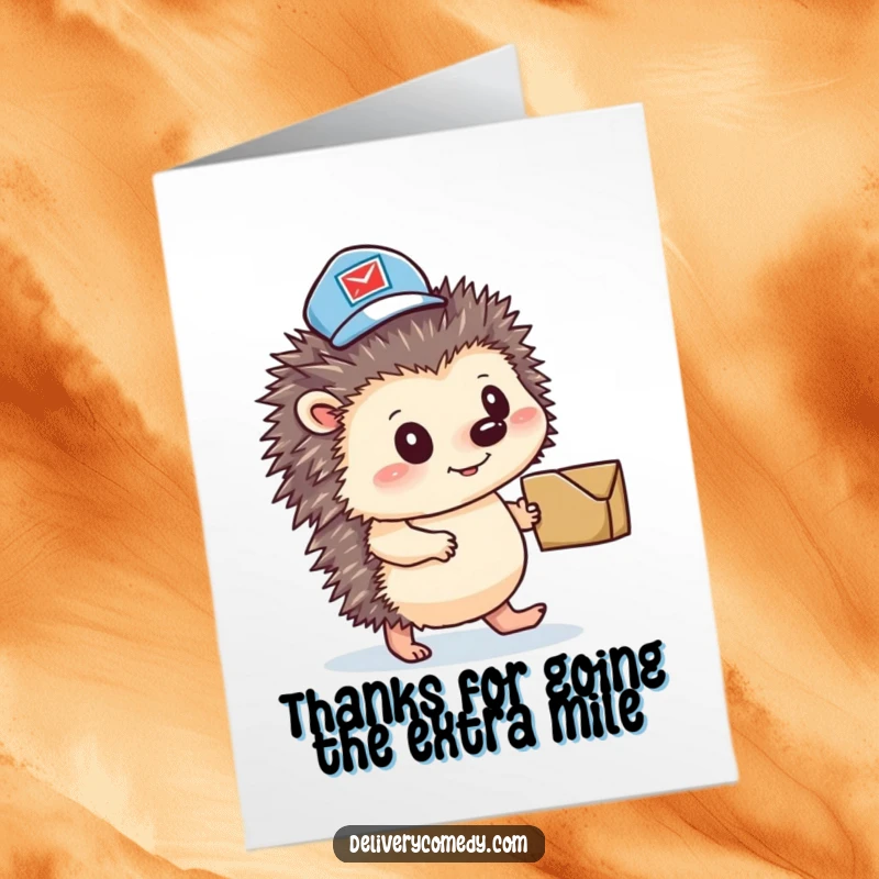 Funny free printable thank you card featuring a determined hedgehog mail carrier pushing a small parcel to say thanks.