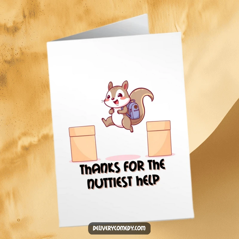 Funny free printable thank you card: a cheerful squirrel with a mini backpack, leaping between elevated boxes to say thanks.