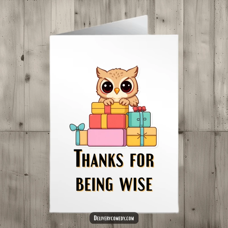 Funny free printable thank you card: a curious owl peeking from colorful parcels, conveying thanks with a smile.