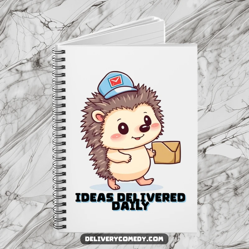 Funny hedgehog mail carrier notebook, showcasing a determined hedgehog in a mail hat with a parcel.