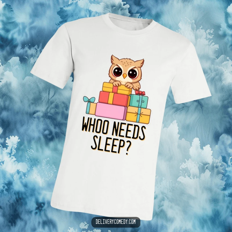 Funny curious owl t-shirt, featuring a wise owl peeking from a pile of colorful packages.