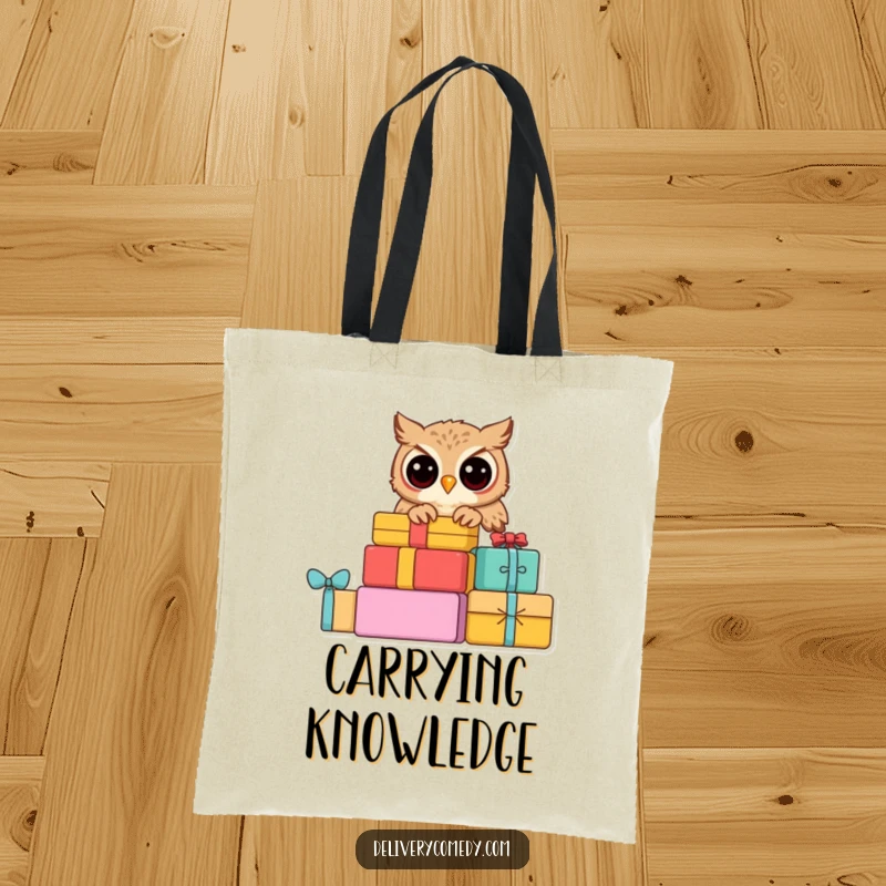 Funny curious owl tote bag, showing a curious owl peeking from a stack of colorful parcels.